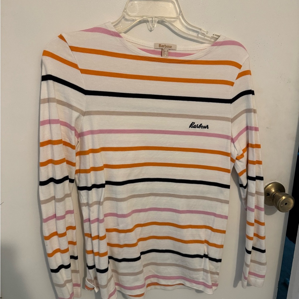 Barbour White Striped Long Sleeve Top with Orange, Black, Pink and Tan Stripes